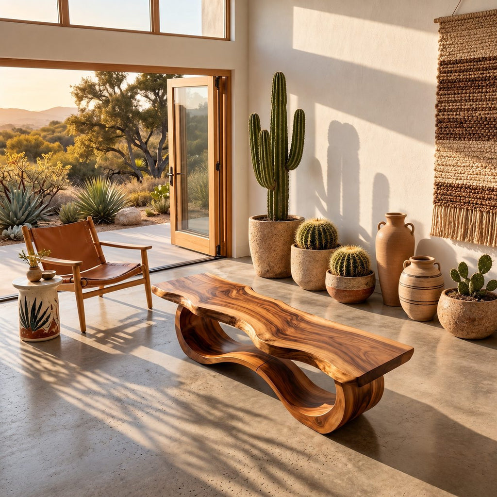 Wave Base Live Edge Bench, Sculptural Solid Wood Dining and Entryway Bench with Undulating Curves
