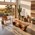 Wave Base Live Edge Bench, Sculptural Solid Wood Dining and Entryway Bench with Undulating Curves