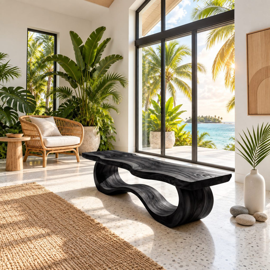 Wave Base Live Edge Bench, Sculptural Solid Wood Dining and Entryway Bench with Undulating Curves