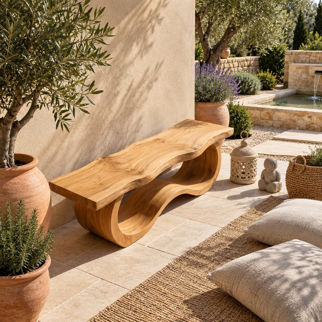 Wave Base Live Edge Bench, Sculptural Solid Wood Dining and Entryway Bench with Undulating Curves