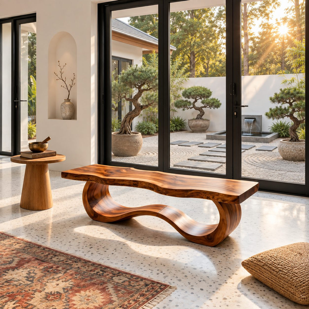 Wave Base Live Edge Bench, Sculptural Solid Wood Dining and Entryway Bench with Undulating Curves
