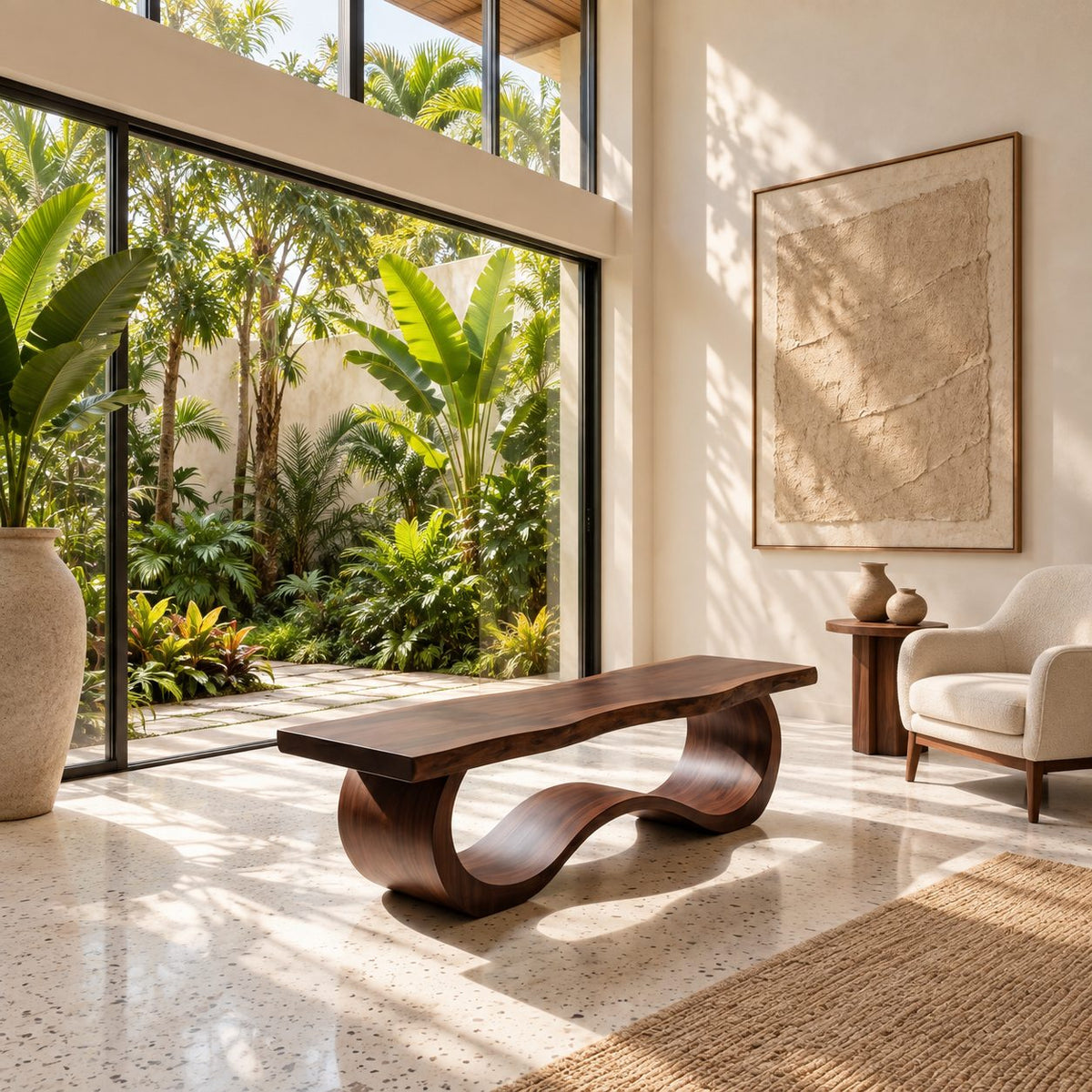 Wave Base Live Edge Bench, Sculptural Solid Wood Dining and Entryway Bench with Undulating Curves