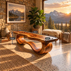 Wave Base Live Edge Bench, Sculptural Solid Wood Dining and Entryway Bench with Undulating Curves