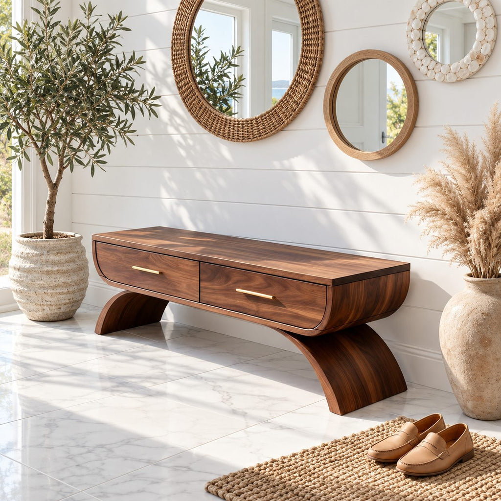 Arch Leg Drawer Bench, Solid Wood Mudroom and Entryway Storage Bench with Two Pull Out Drawers