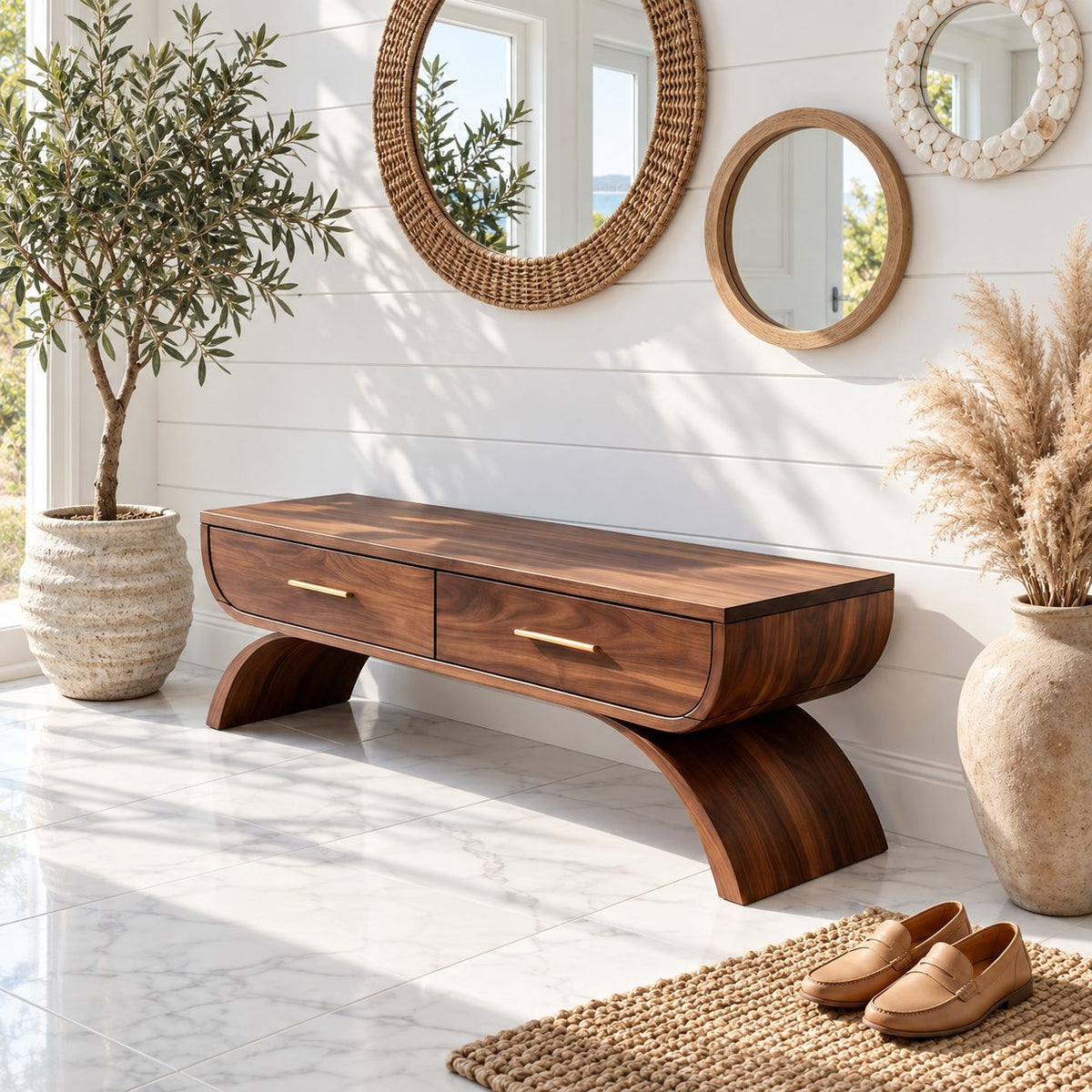 Arch Leg Drawer Bench, Solid Wood Mudroom and Entryway Storage Bench with Two Pull Out Drawers