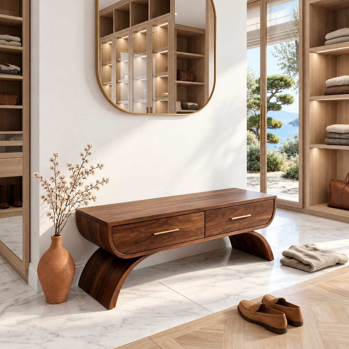 Arch Leg Drawer Bench, Solid Wood Mudroom and Entryway Storage Bench with Two Pull Out Drawers