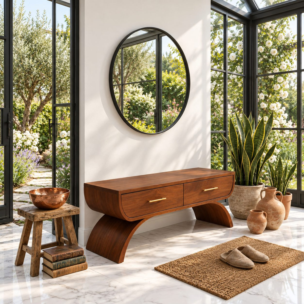 Arch Leg Drawer Bench, Solid Wood Mudroom and Entryway Storage Bench with Two Pull Out Drawers
