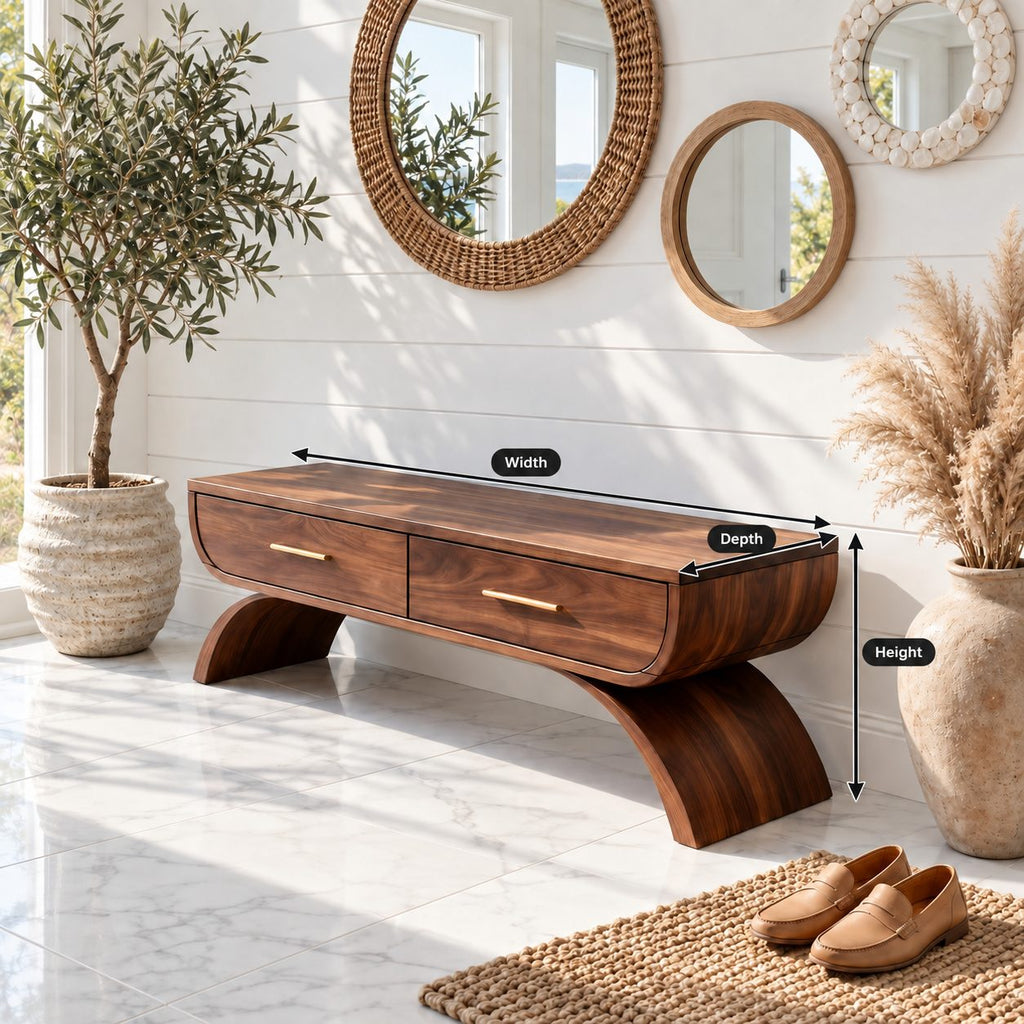 Arch Leg Drawer Bench, Solid Wood Mudroom and Entryway Storage Bench with Two Pull Out Drawers