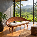 Carved Leaf Shell Bench, Sculptural Solid Wood Accent Bench with Leaf Vein Backrest and Tapered Legs