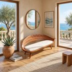 Carved Leaf Shell Bench, Sculptural Solid Wood Accent Bench with Leaf Vein Backrest and Tapered Legs