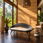Carved Leaf Shell Bench, Sculptural Solid Wood Accent Bench with Leaf Vein Backrest and Tapered Legs