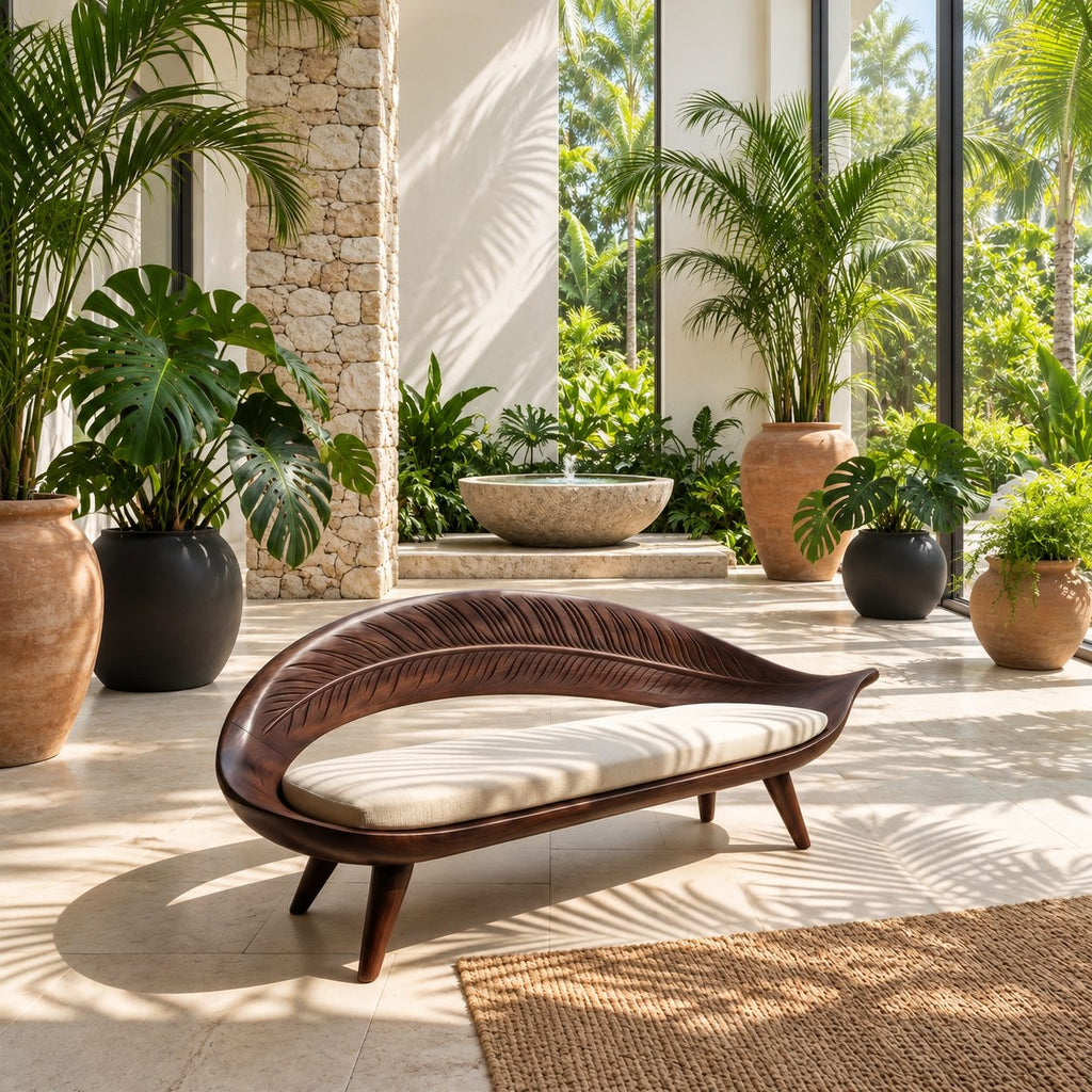 Carved Leaf Shell Bench, Sculptural Solid Wood Accent Bench with Leaf Vein Backrest and Tapered Legs