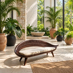 Carved Leaf Shell Bench, Sculptural Solid Wood Accent Bench with Leaf Vein Backrest and Tapered Legs