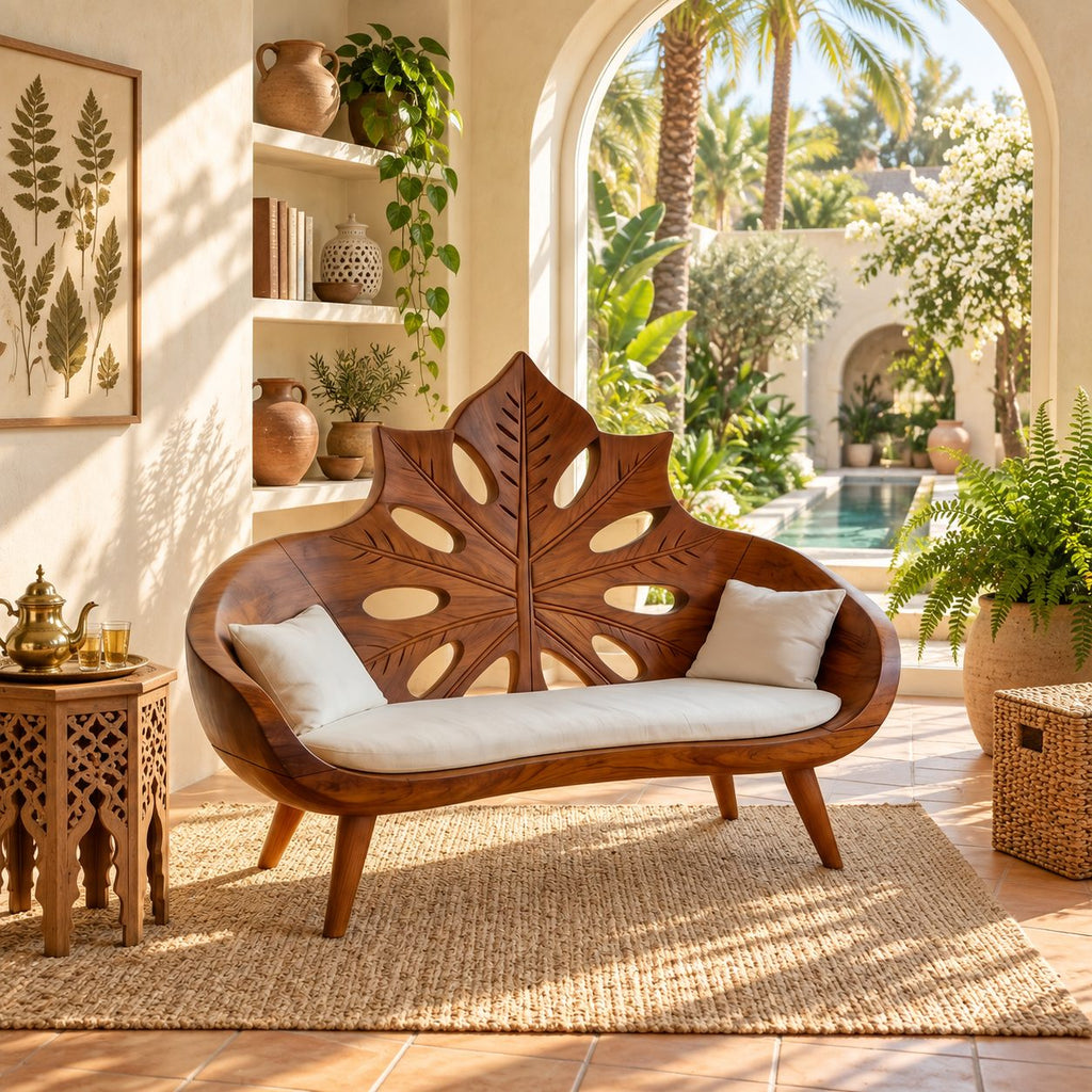 Sunburst Leaf Backrest Bench, Hand Carved Solid Wood Settee Frame with Leaf Cutouts for Entry or Lounge