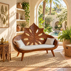 Sunburst Leaf Backrest Bench, Hand Carved Solid Wood Settee Frame with Leaf Cutouts for Entry or Lounge