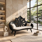 Sunburst Leaf Backrest Bench, Hand Carved Solid Wood Settee Frame with Leaf Cutouts for Entry or Lounge