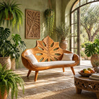 Sunburst Leaf Backrest Bench, Hand Carved Solid Wood Settee Frame with Leaf Cutouts for Entry or Lounge