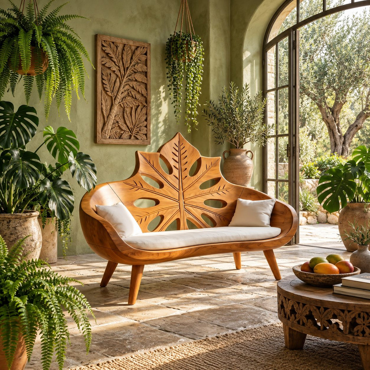 Sunburst Leaf Backrest Bench, Hand Carved Solid Wood Settee Frame with Leaf Cutouts for Entry or Lounge