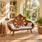 Sunburst Leaf Backrest Bench, Hand Carved Solid Wood Settee Frame with Leaf Cutouts for Entry or Lounge