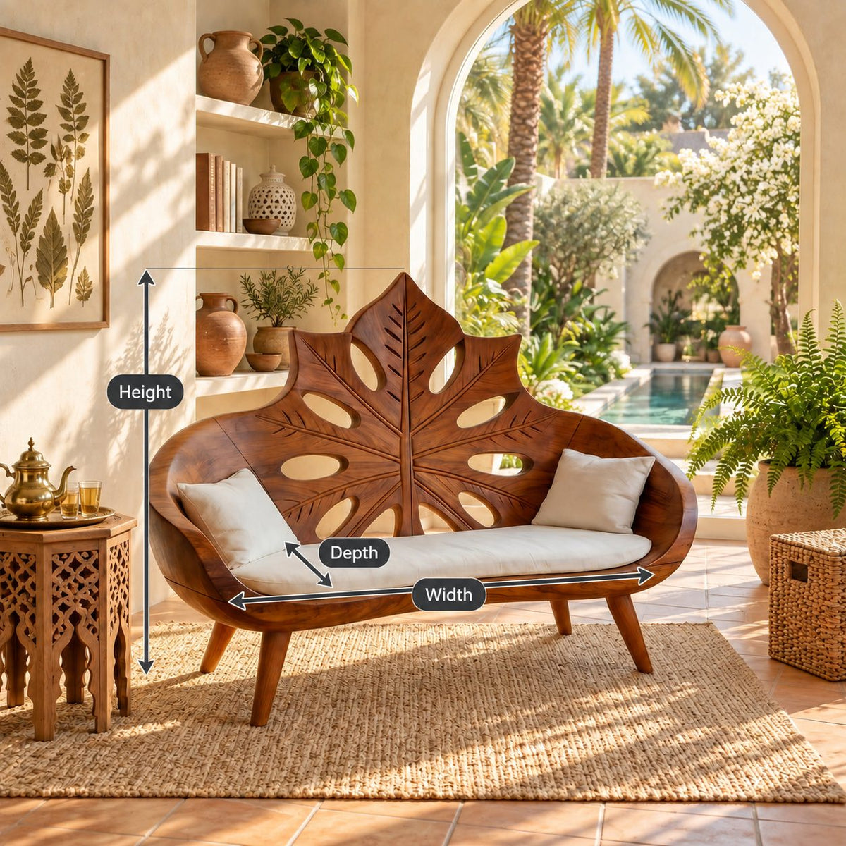 Sunburst Leaf Backrest Bench, Hand Carved Solid Wood Settee Frame with Leaf Cutouts for Entry or Lounge
