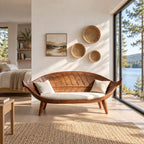Longboat Curved Bench, Mid Century Solid Wood Settee Frame with Carved Rib Backrest for Sunroom or Entry