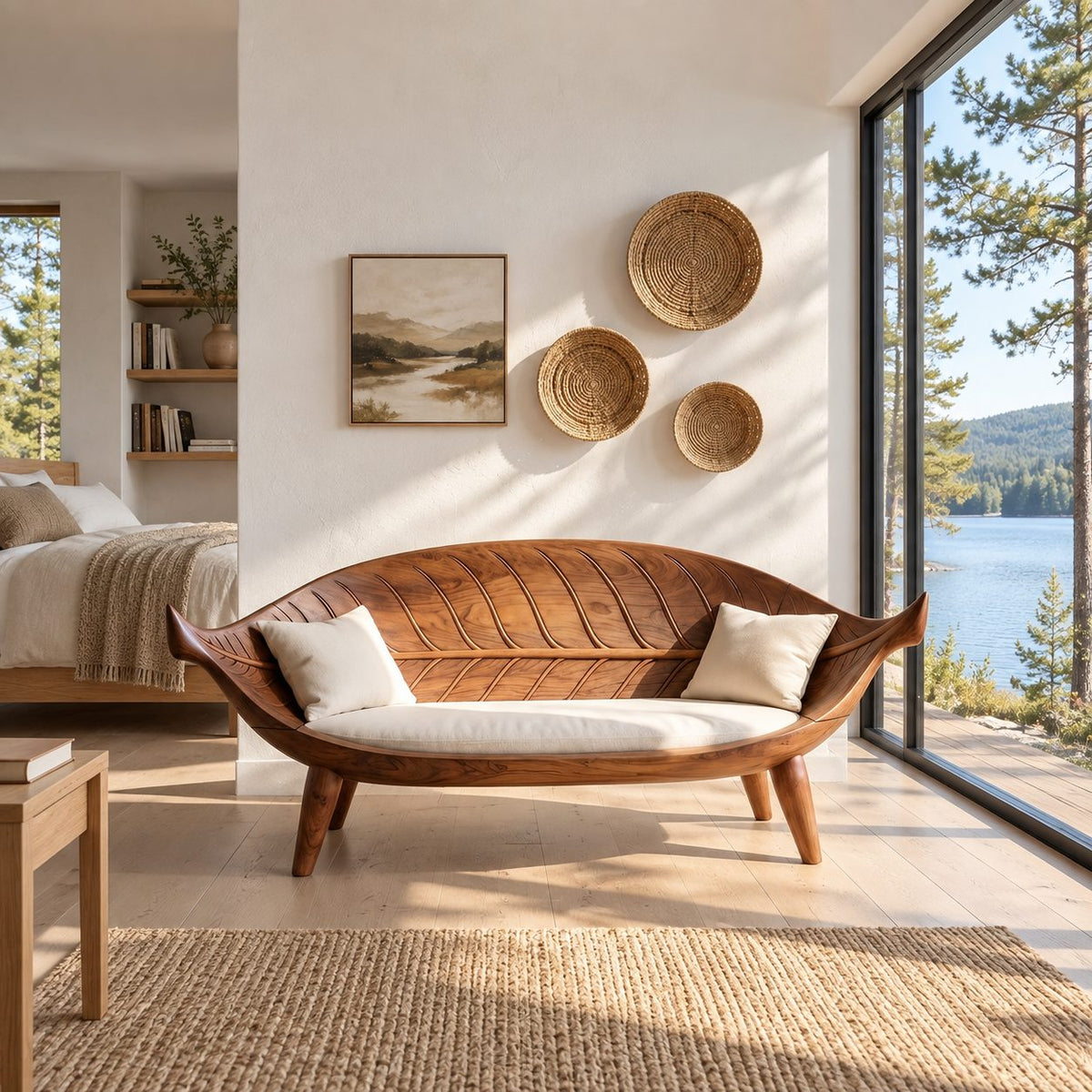 Longboat Curved Bench, Mid Century Solid Wood Settee Frame with Carved Rib Backrest for Sunroom or Entry
