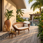 Longboat Curved Bench, Mid Century Solid Wood Settee Frame with Carved Rib Backrest for Sunroom or Entry