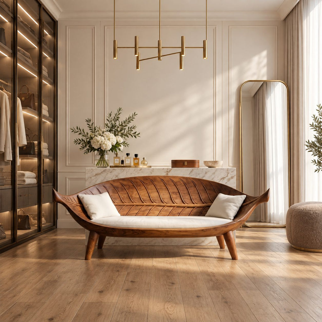 Longboat Curved Bench, Mid Century Solid Wood Settee Frame with Carved Rib Backrest for Sunroom or Entry