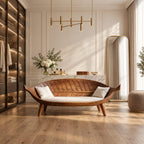Longboat Curved Bench, Mid Century Solid Wood Settee Frame with Carved Rib Backrest for Sunroom or Entry