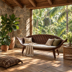 Longboat Curved Bench, Mid Century Solid Wood Settee Frame with Carved Rib Backrest for Sunroom or Entry