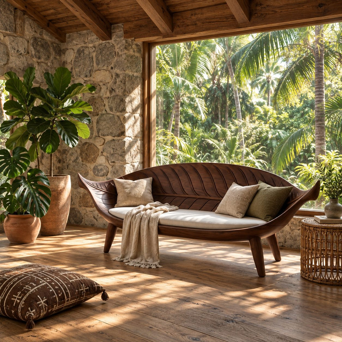 Longboat Curved Bench, Mid Century Solid Wood Settee Frame with Carved Rib Backrest for Sunroom or Entry