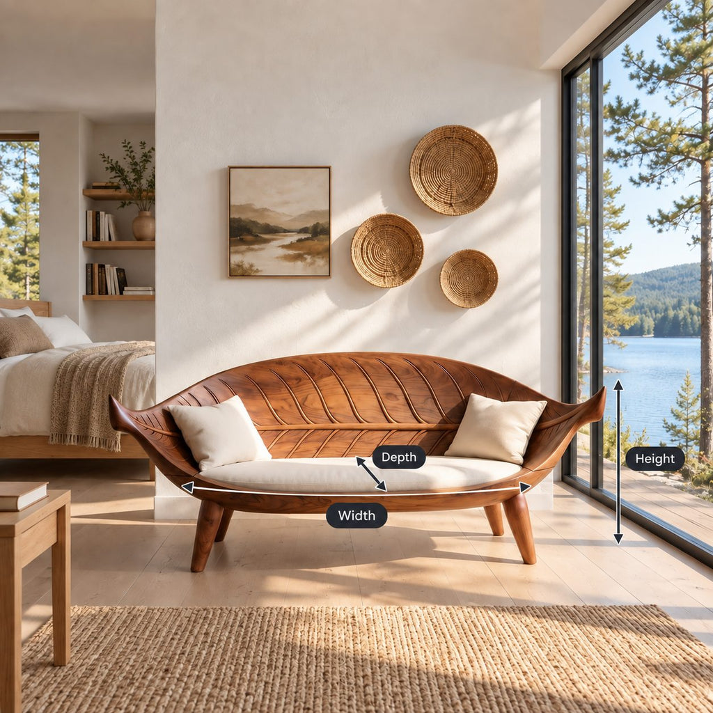Longboat Curved Bench, Mid Century Solid Wood Settee Frame with Carved Rib Backrest for Sunroom or Entry