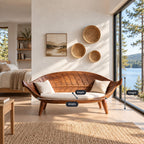 Longboat Curved Bench, Mid Century Solid Wood Settee Frame with Carved Rib Backrest for Sunroom or Entry