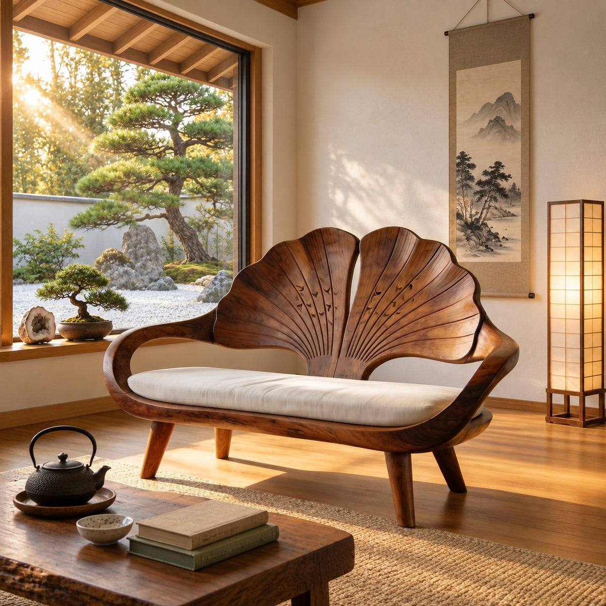 Ginkgo Leaf Back Bench, Carved Solid Wood Reading Nook Bench with Loop Arms and Splayed Legs