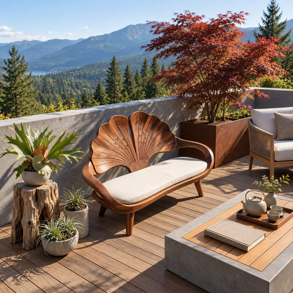 Ginkgo Leaf Back Bench, Carved Solid Wood Reading Nook Bench with Loop Arms and Splayed Legs