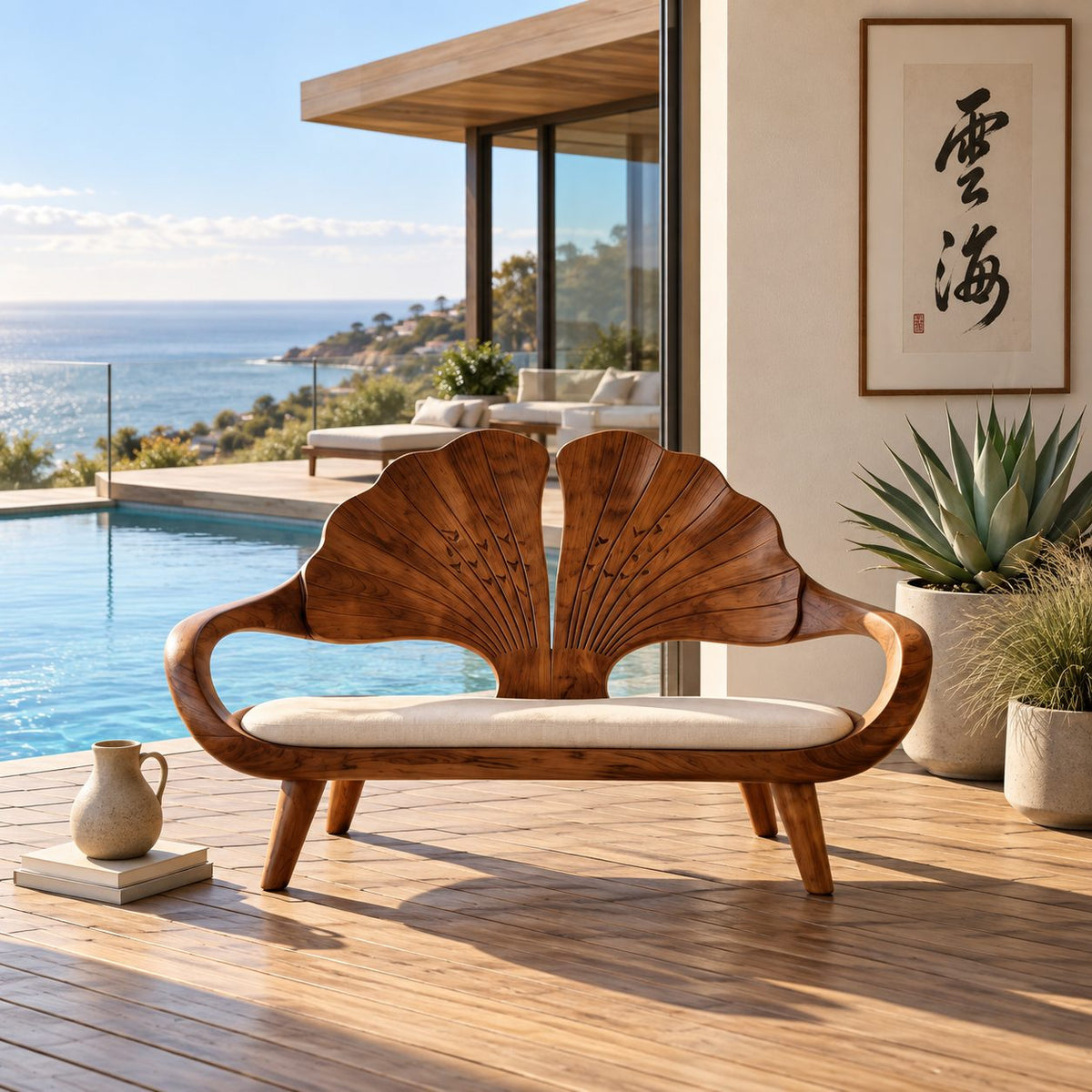 Ginkgo Leaf Back Bench, Carved Solid Wood Reading Nook Bench with Loop Arms and Splayed Legs