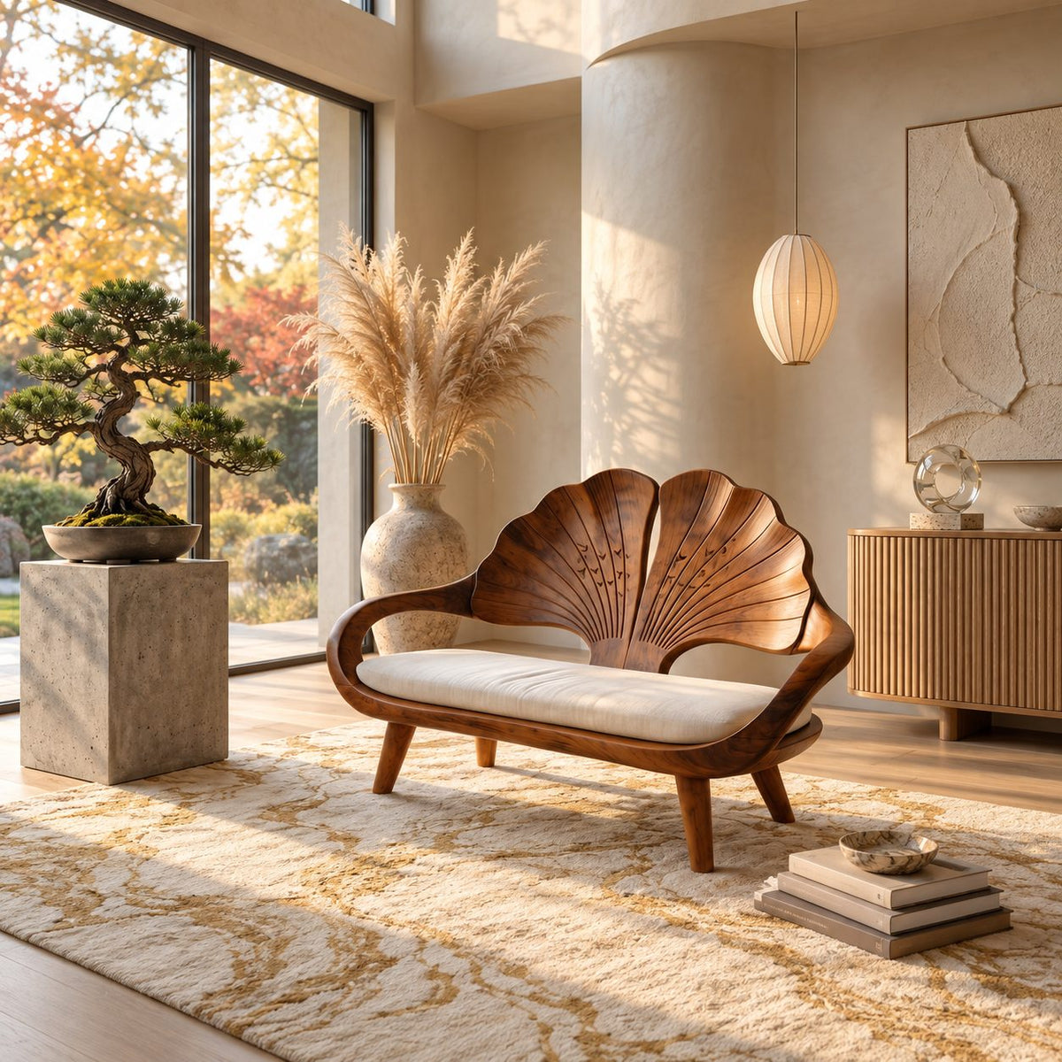 Ginkgo Leaf Back Bench, Carved Solid Wood Reading Nook Bench with Loop Arms and Splayed Legs