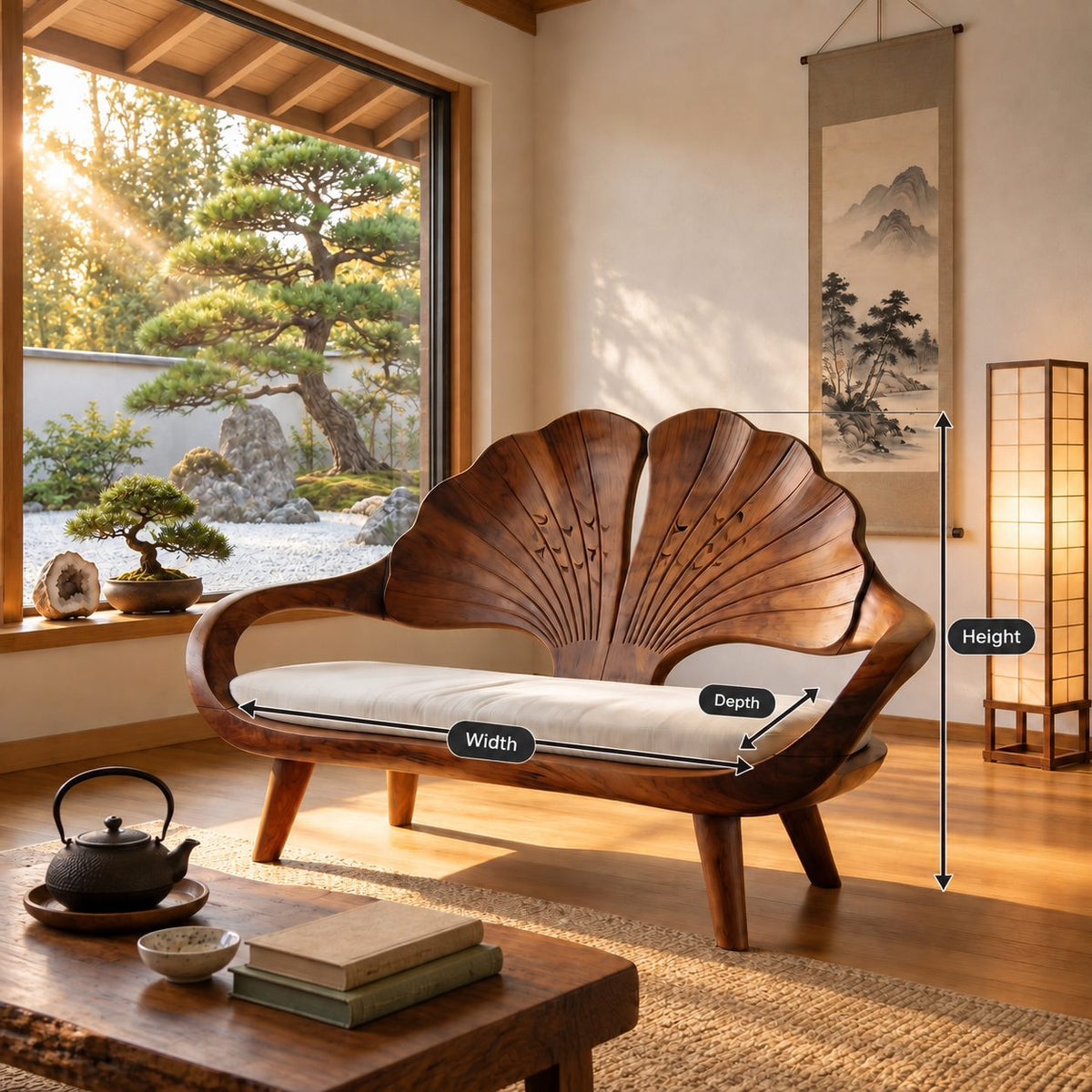 Ginkgo Leaf Back Bench, Carved Solid Wood Reading Nook Bench with Loop Arms and Splayed Legs