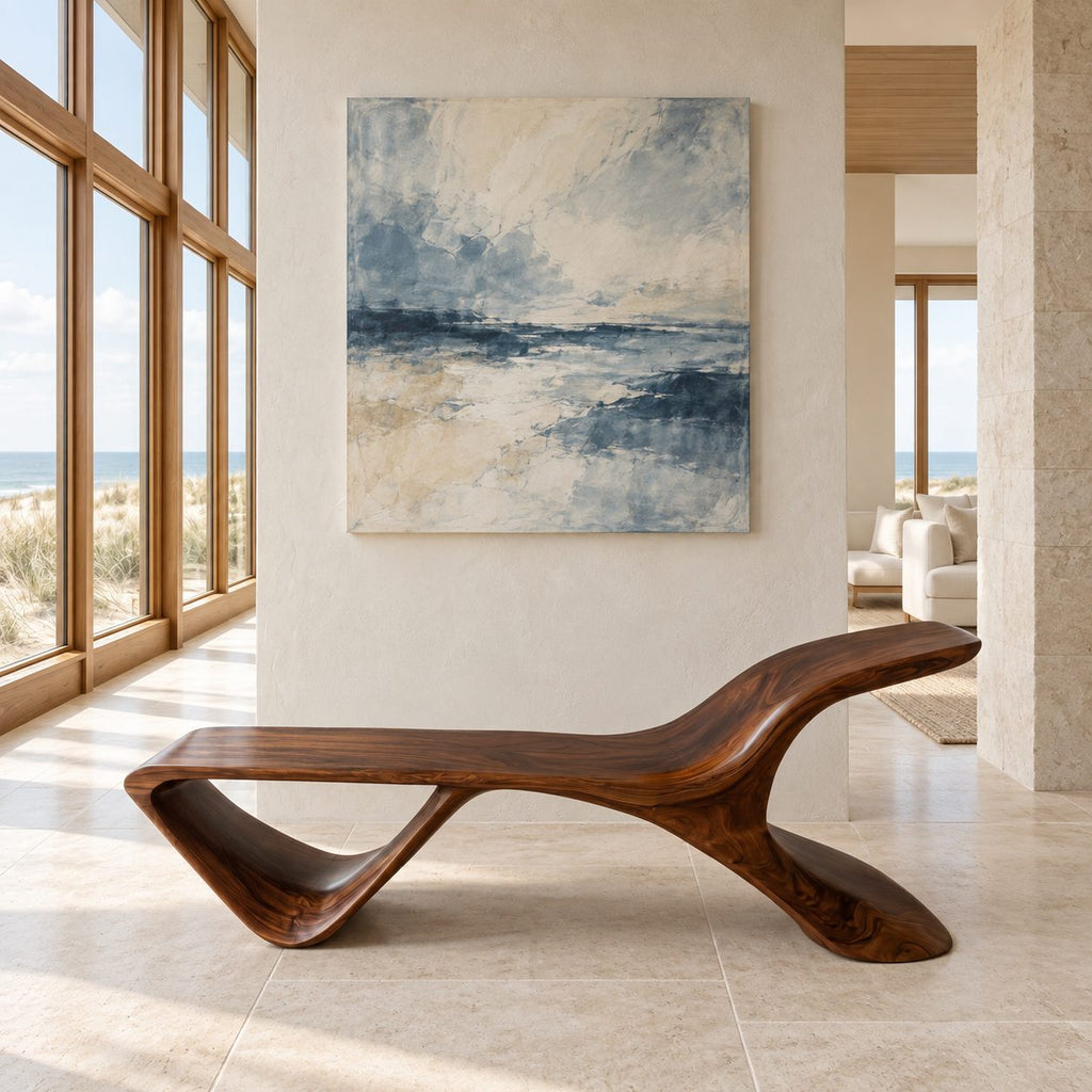 S Wave Sculptural Bench, Curved Solid Wood Entryway and Living Room Bench with Raised Curling End