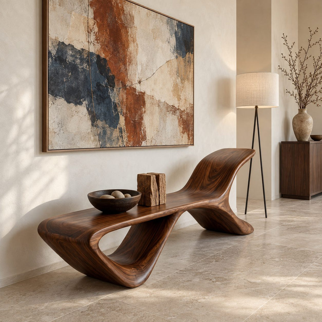 S Wave Sculptural Bench, Curved Solid Wood Entryway and Living Room Bench with Raised Curling End