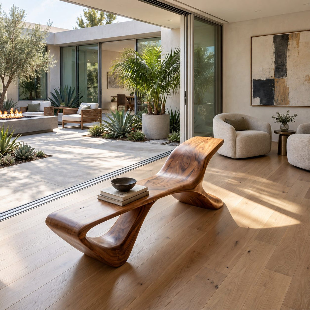 S Wave Sculptural Bench, Curved Solid Wood Entryway and Living Room Bench with Raised Curling End