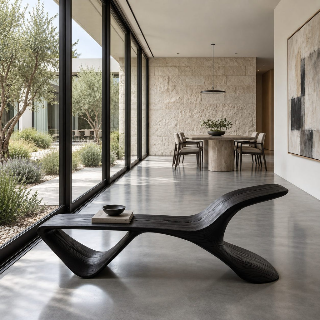 S Wave Sculptural Bench, Curved Solid Wood Entryway and Living Room Bench with Raised Curling End