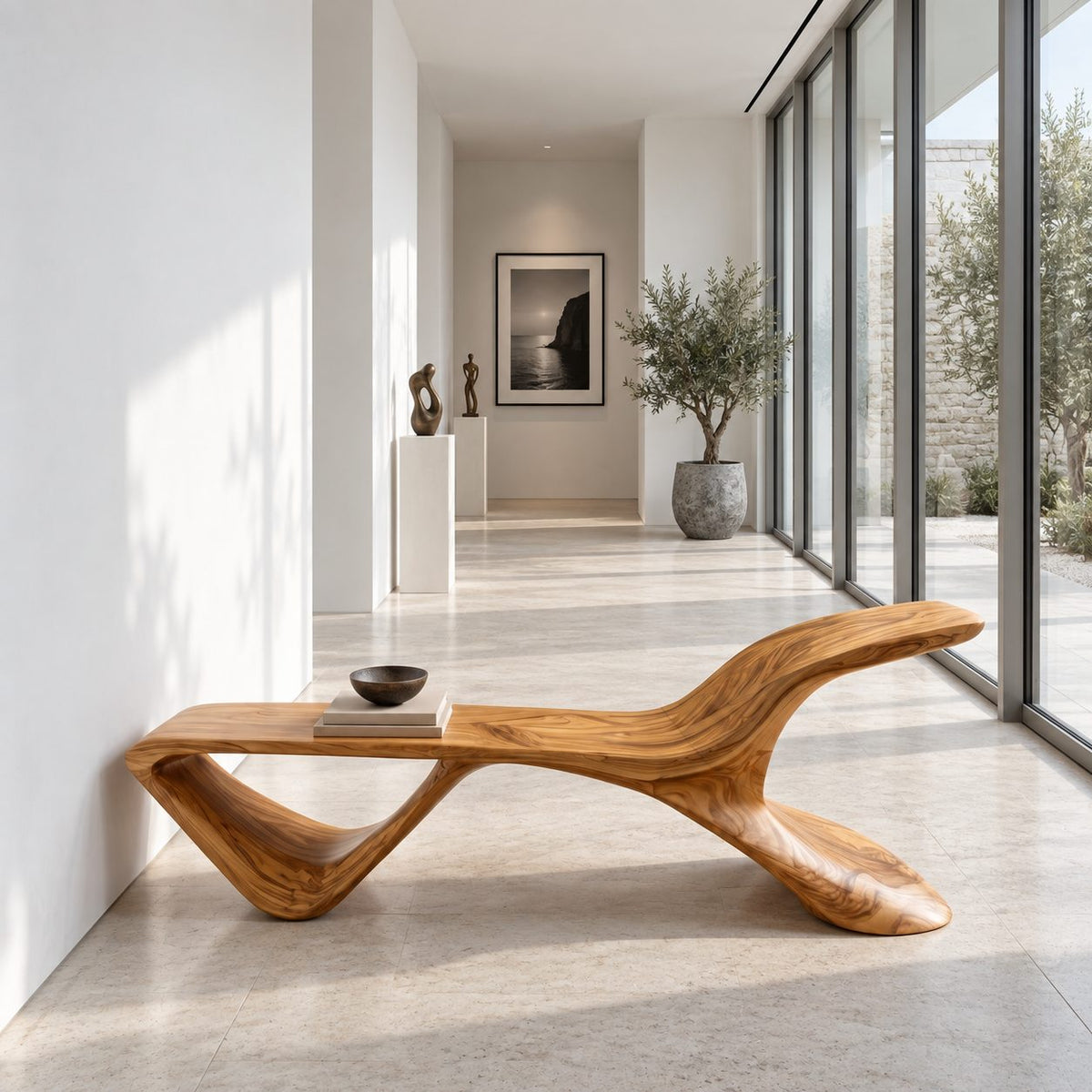 S Wave Sculptural Bench, Curved Solid Wood Entryway and Living Room Bench with Raised Curling End