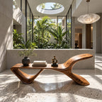 S Wave Sculptural Bench, Curved Solid Wood Entryway and Living Room Bench with Raised Curling End