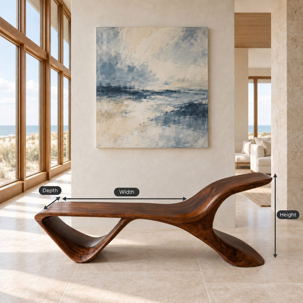 S Wave Sculptural Bench, Curved Solid Wood Entryway and Living Room Bench with Raised Curling End