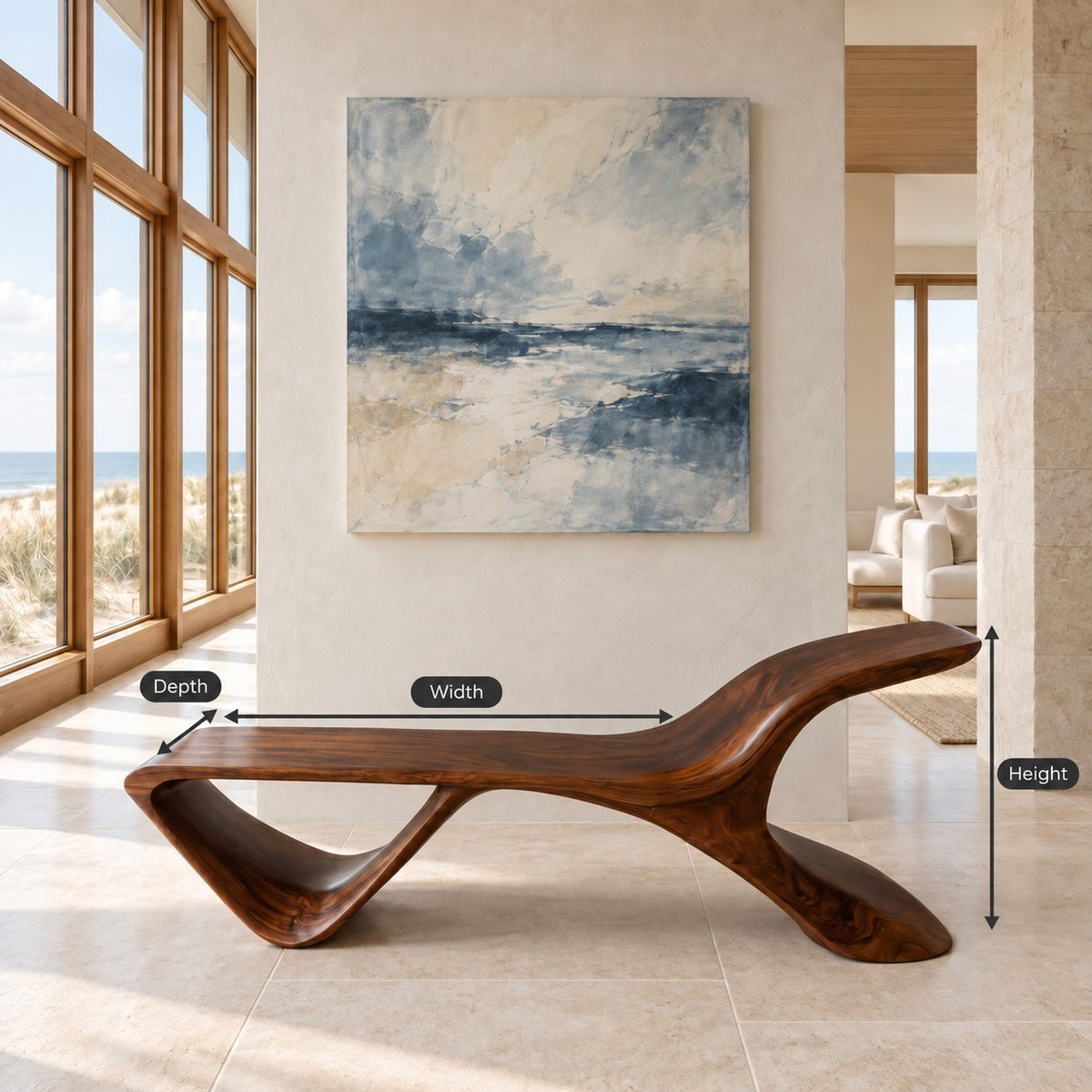S Wave Sculptural Bench, Curved Solid Wood Entryway and Living Room Bench with Raised Curling End