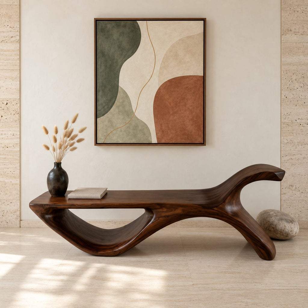 Hooked Horn End Bench, Organic Solid Wood Hallway Bench with Oval Open Base and Long Flat Seat