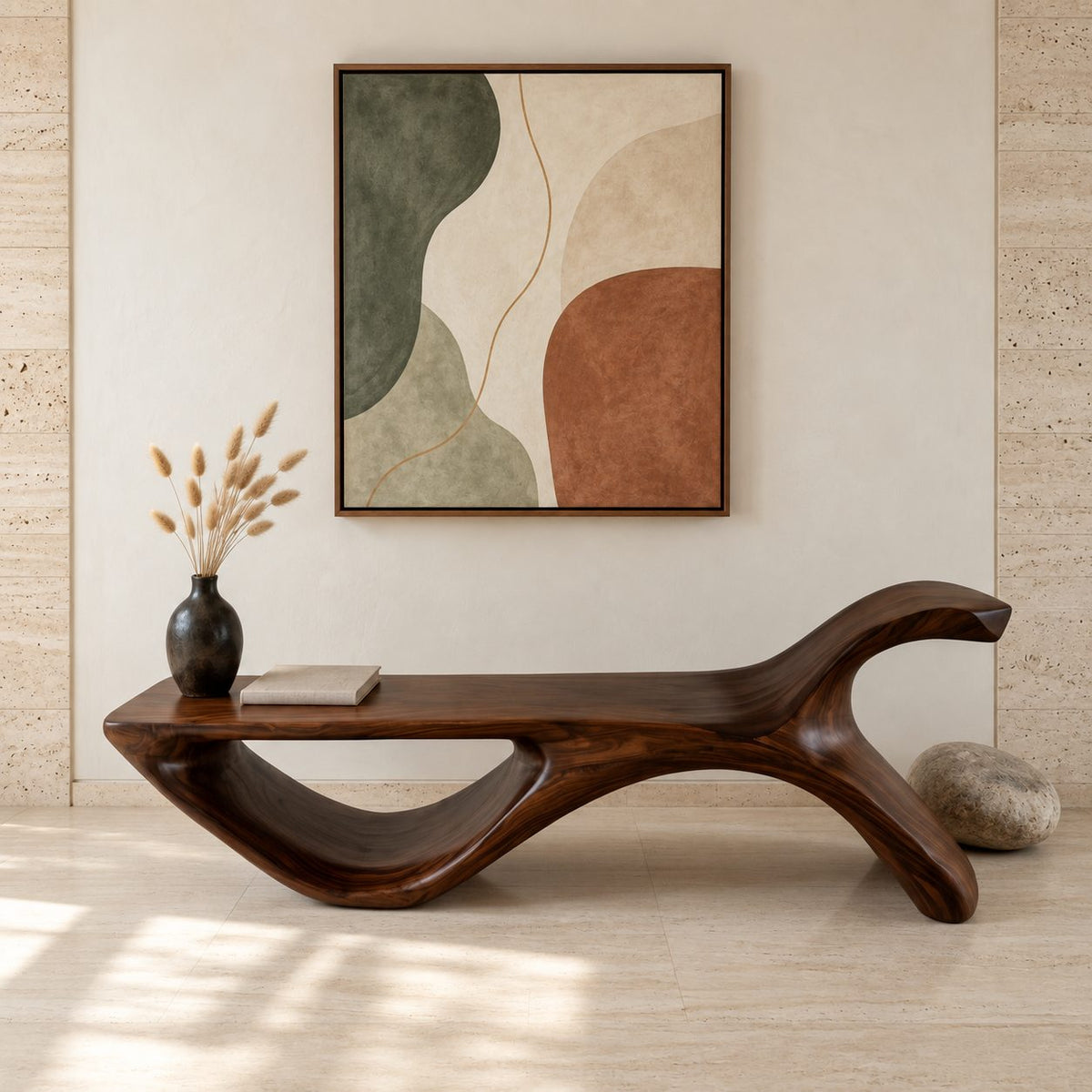 Hooked Horn End Bench, Organic Solid Wood Hallway Bench with Oval Open Base and Long Flat Seat