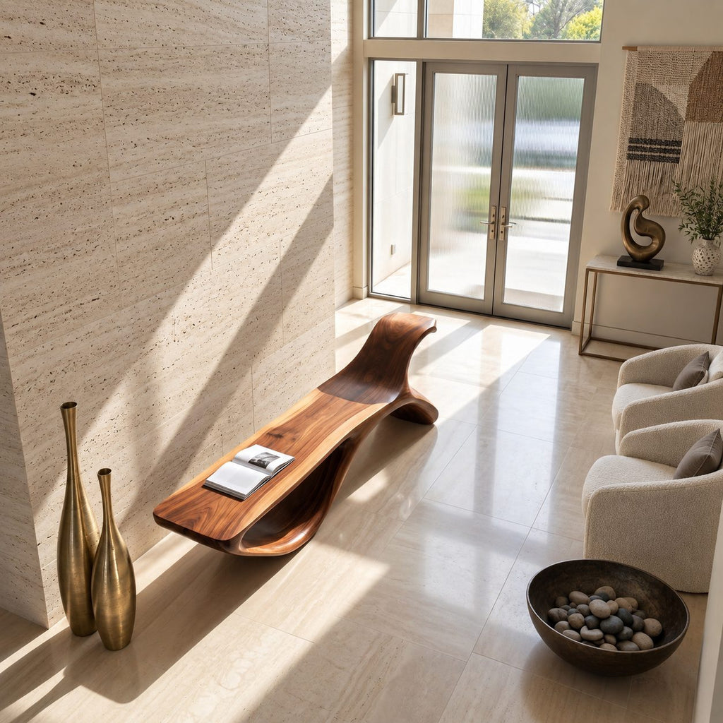 Hooked Horn End Bench, Organic Solid Wood Hallway Bench with Oval Open Base and Long Flat Seat