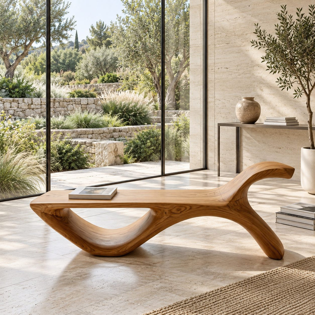 Hooked Horn End Bench, Organic Solid Wood Hallway Bench with Oval Open Base and Long Flat Seat